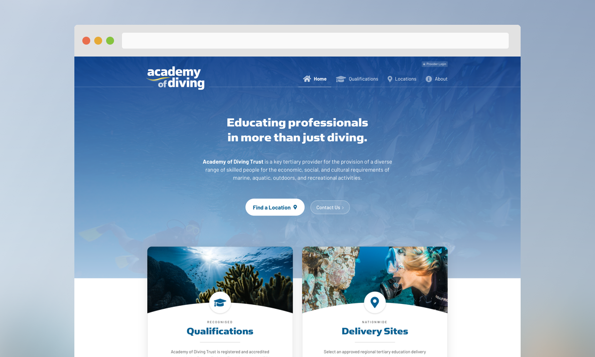 I created the brand and developed the website for Academy of Diving, a tertiary training provider of marine, aquatic, outdoors, and recreational activities.